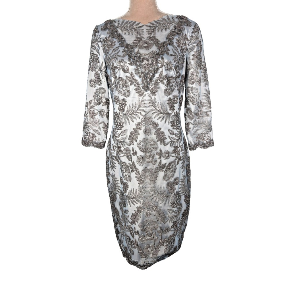 Tadashi Shoji Tulle Sheath Dress Embroidered Blue Silver Sz 10 Elegant Luxury